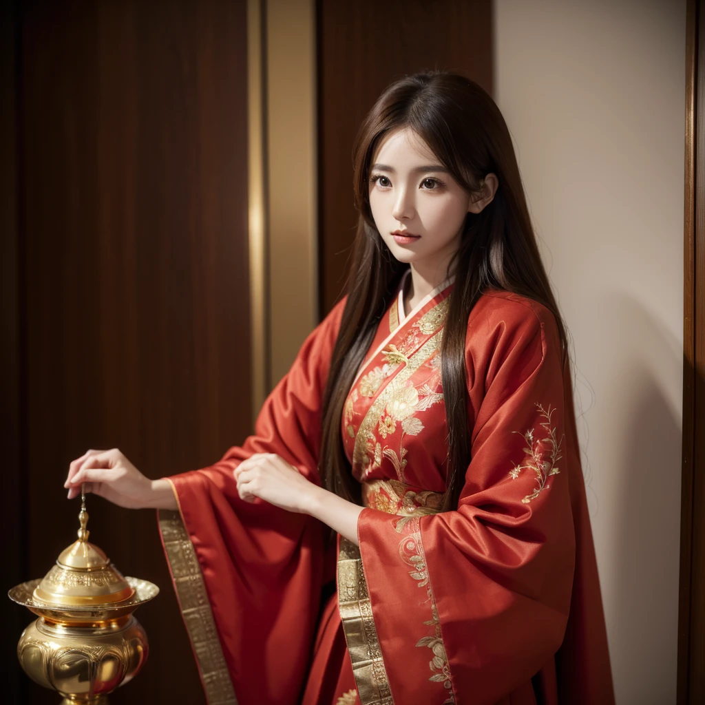 ((Highest quality)), ((masterpiece)), (detailed), (Perfect Face)、The woman is Ogiso Setsuna, with light brown, medium-long hair and a gorgeous red Chinese dress with gold embroidery and trim.