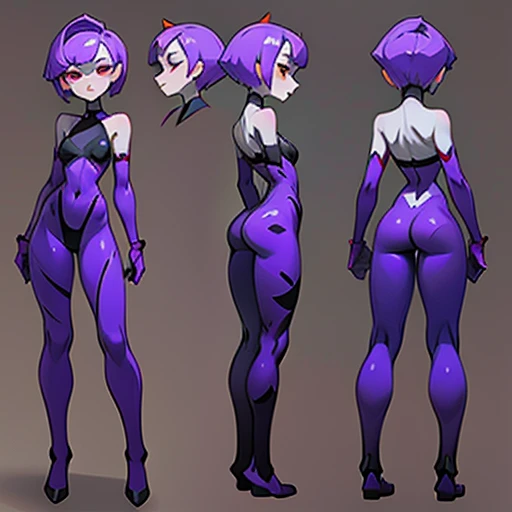 Slim woman with pronounced hips 
And gray skin, with Short purple hair and bop style cut, small black lips, big red eyes in body paint , in various views (front and back) (full body) ((Character sheet)) dinamic poses