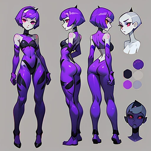 Slim woman with pronounced hips
And gray skin, with Short purple hair and bop style cut, small black lips, big red eyes in body paint , in various views (front and back) (full body) ((Character sheet)) dinamic poses