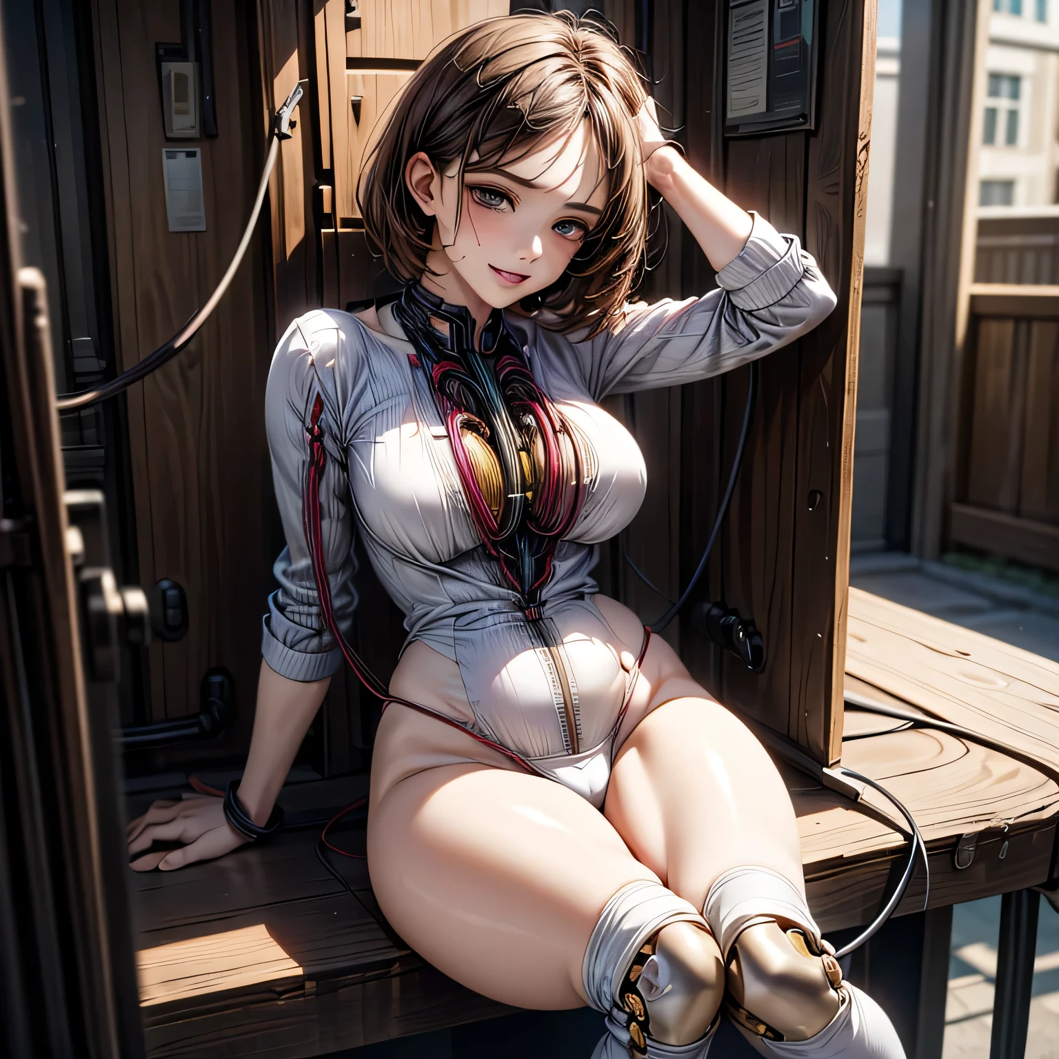 A Female robot is sleeping in bedroom, spread legs, nude, banzai pose. she wears no dress. She Brown short hair is tied with two big red clothespins, She lifts up the under hem of her white plain dress, leaning over, masterpiece, very short pigtails,brown hair, mature, android, blue eyes, full body figure, Height: 160cm, flushed cheeks, 2020s anime picture, A beautiful robot with short brown hair in two short pigtails held up by two very large huge red clothespins, Uplifting, No NSFW, whole body, barefoot, archaic smile, getting orgasm, 25 years old, sweat bucket. 