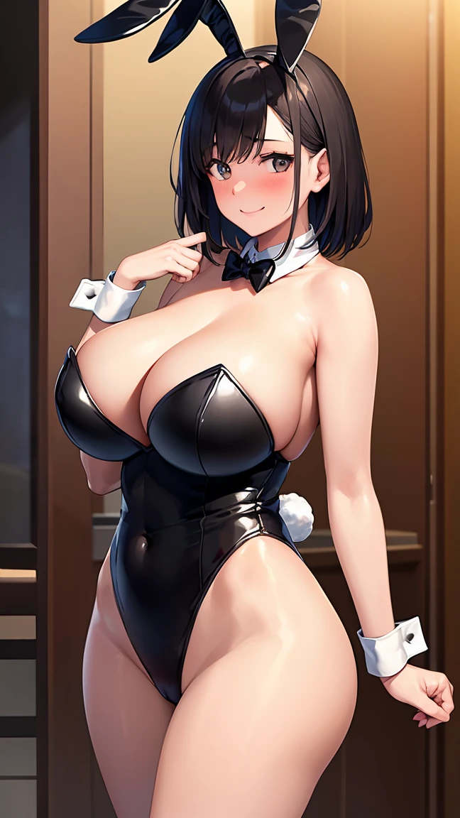 8K、An ultra-high picture quality、Best Quality、Finest quality、Highly detailed image quality、room、standing, Realistic Woman、Outstanding smile、Japanes woman、1 girl、45-year-old woman、married woman、(embarrassed:1.2)、(curvy body:1.3)、a navel、short black hair、Shiny skin、greaming skin、high gloss skin、gigantic breasts、(playboy bunny, black rabbit ears, wrist cuffs, black leotard:1.5),arms behind back, looking at viewer、