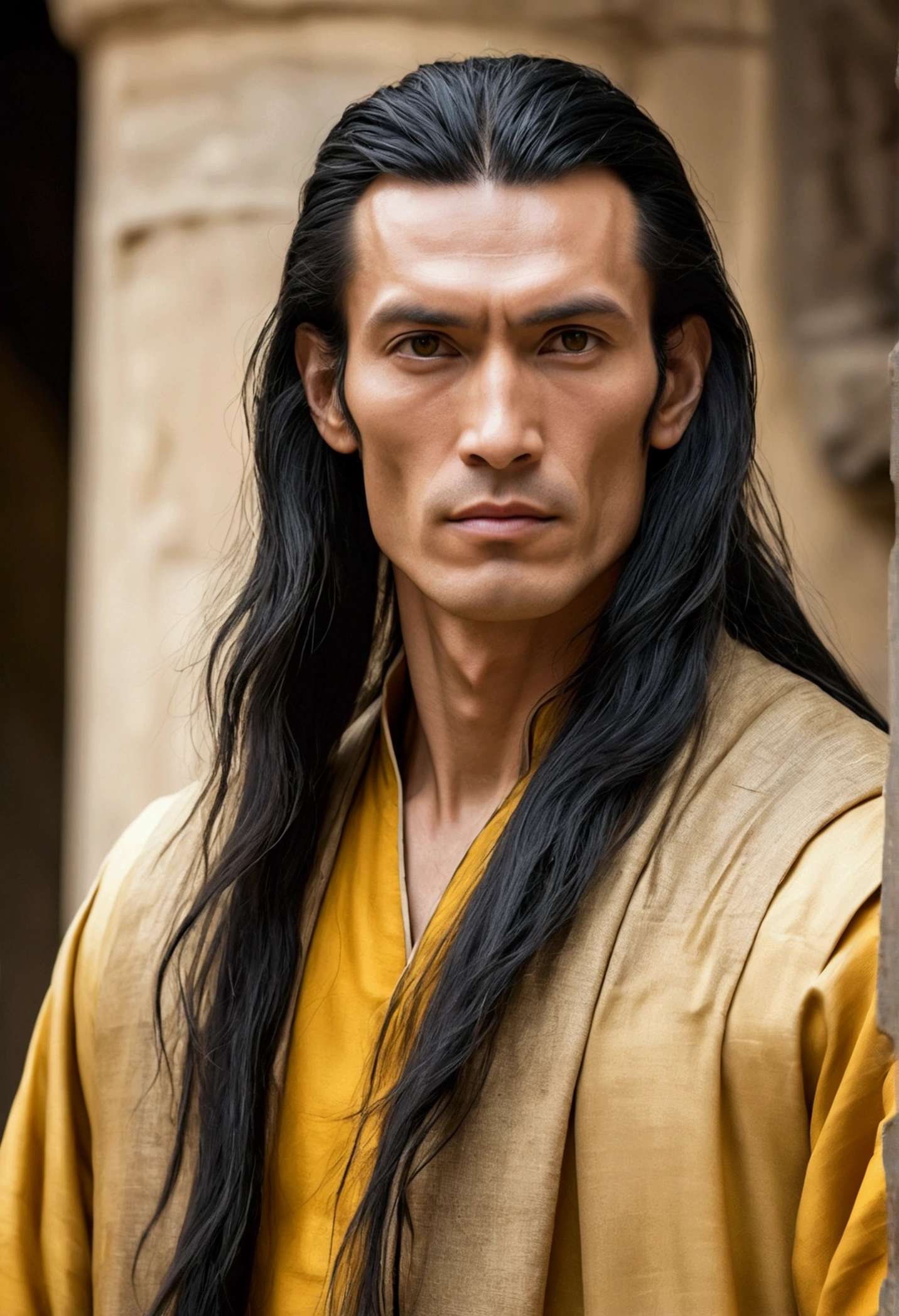 Tall human man, no prominent muscles, but in excellent physical condition, with long black hair, yellowish-bronze skin tone, unremarkable face, in torn monastic clothes.