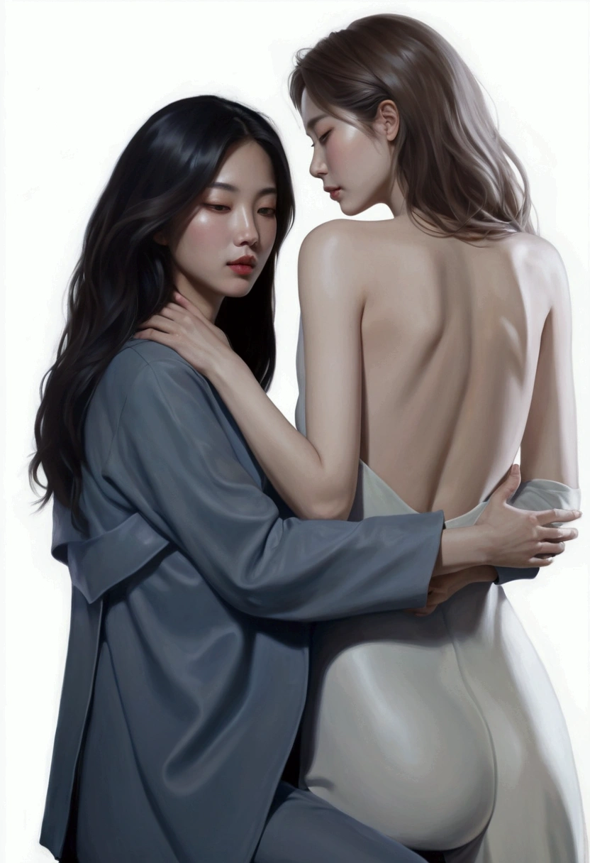 painting of two women hugging each other in a pose, Lesbian Art, โดย Jeong Seon, In the art form of the pond, two women, Spectacular painting, A woman holds another woman., By Li Song, two women, Lesbian embrace, Inspiration from Kim Deuksin, By Nil Gleyen, Style in digital painting, By Yang J