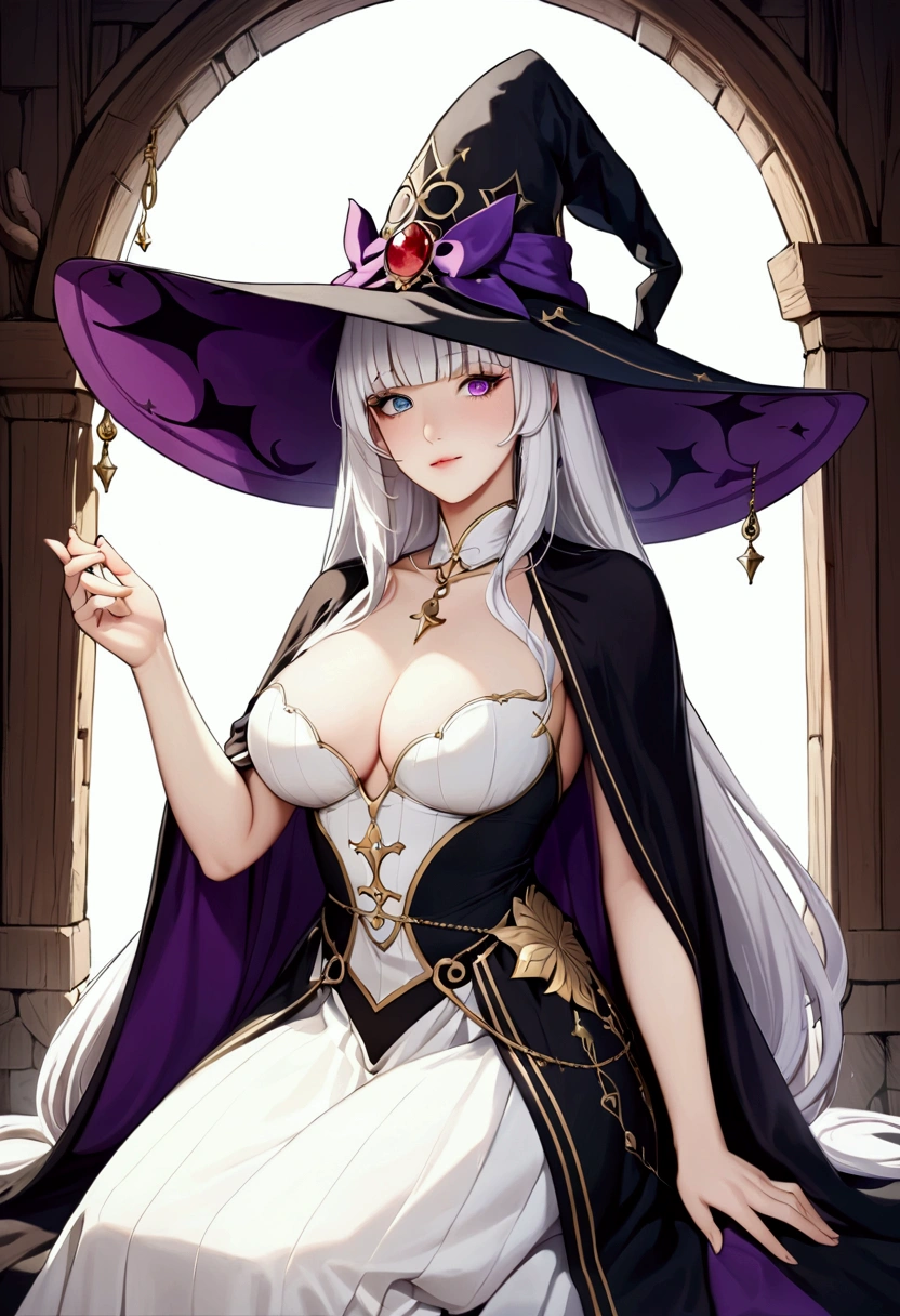 (masterpiece), (Artwork), (great work), (Detailed eyes), (Delicate skin), (heterochromatic eyes), (Multicolor), (Short white hair with bangs), (Sparkling eyes), (One girl) Wearing a witch hat, Ancient, old, Dressed in gorgeous medieval costume, masterpiece, Highest quality, Best Designer, Best illustrations