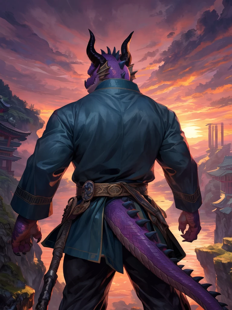 Japanese monk、small、Round sunglasses、Equip a ritual item、Hero of Justice、One Punch Man、Black costume、Robe、exorcist、exorcist、Japanese Temples、strongest、
alone, (男 anthro dragon:1.3), (Are standing:1.3), (kemono:1.2), (sunset:1.23),(Rear View), landscape, cliff, dawn, horizon, Detailed eyes,  (outside:1.35), Japanese Temples, Detailed Background, 8k hd, (Dark Shadows, Wide dynamic range, High resolution, Low Light:1.2), Pino Daeni, barazoku, [Dagashi, Author: zixiong], Cygames, From null-ghost, (scenery)
