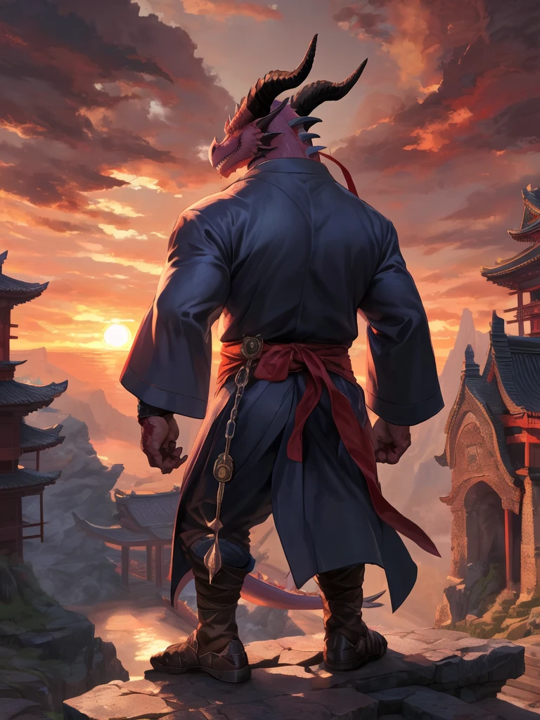 Japanese monk、small、Round sunglasses、Equip a ritual item、Hero of Justice、One Punch Man、Black costume、Robe、exorcist、exorcist、Japanese Temples、strongest、
alone, (男 anthro dragon:1.3), (Are standing:1.3), (kemono:1.2), (sunset:1.23),(Rear View), landscape, cliff, dawn, horizon, Detailed eyes,  (outside:1.35), Japanese Temples, Detailed Background, 8k hd, (Dark Shadows, Wide dynamic range, High resolution, Low Light:1.2), Pino Daeni, barazoku, [Dagashi, Author: zixiong], Cygames, From null-ghost, (scenery)