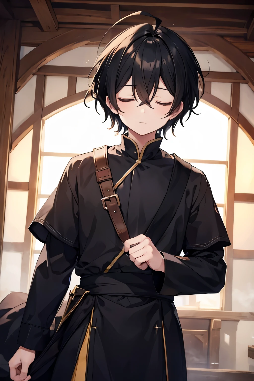 boy Ahoge, Closed eyes, Black hair medieval clothing
Falling