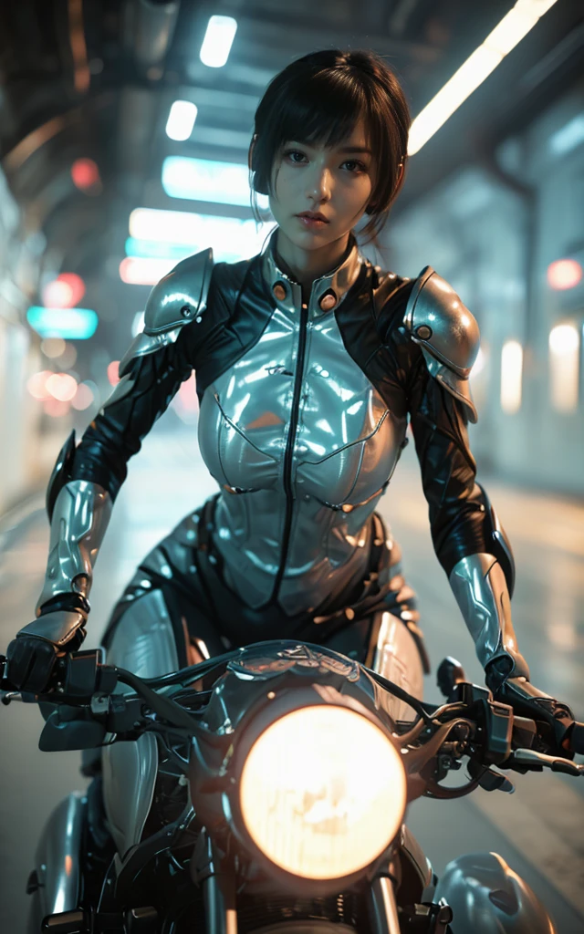 Alien technology fashion , fashion photography , Inspired by Cyberpunk。(best quality,4K,8K,high resolution,masterpiece:1.2), (Practical,Reality,Photo-real:1.37).masterpiece,Game Art,Best picture quality,最high resolution,8K,,Unreal Engine 5 rendering works,(Digital Photography), 20 year old girl,Short hair details,Long bangs,(The red eye makeup is carefully applied),(Large target, Full breasts),Elegance and nobility,Brave and charming,（Half-length photo）（Riding a big sci-fi cool motorcycle)（Exaggerated sci-fi avant-garde motorcycle） (The future armor combines the characteristics of Chinese armor,hollow-carved design,Power Armor,Mysterious oriental runes,Exquisite clothing patterns,Magic Flash),Future Warrior,Cyberpunk Characters,War Background, light，Ray Tracing，Game CG，((3D Unreal Engine))，OC rendering reflection mode，blur background
