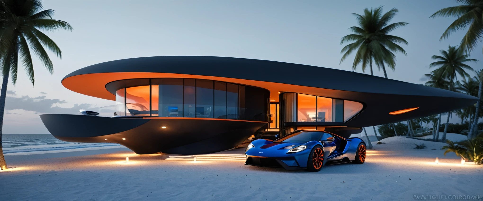 a futuristic house with rooftop satelite dish and antenna array, with a black Ford Model T parked in front of it, on the beach, cgsocietywlop, beautiful curves, intricate devilish designs, qualia, interesting shapes & form, wow factor, elaborate polished, architectural rendering, miami, bioluminescent, colorfull, glow fluid, blue and orange soft lighting in interior of house, futuristic battlefield, inspired by James E. Brewton, precise architectural rendering