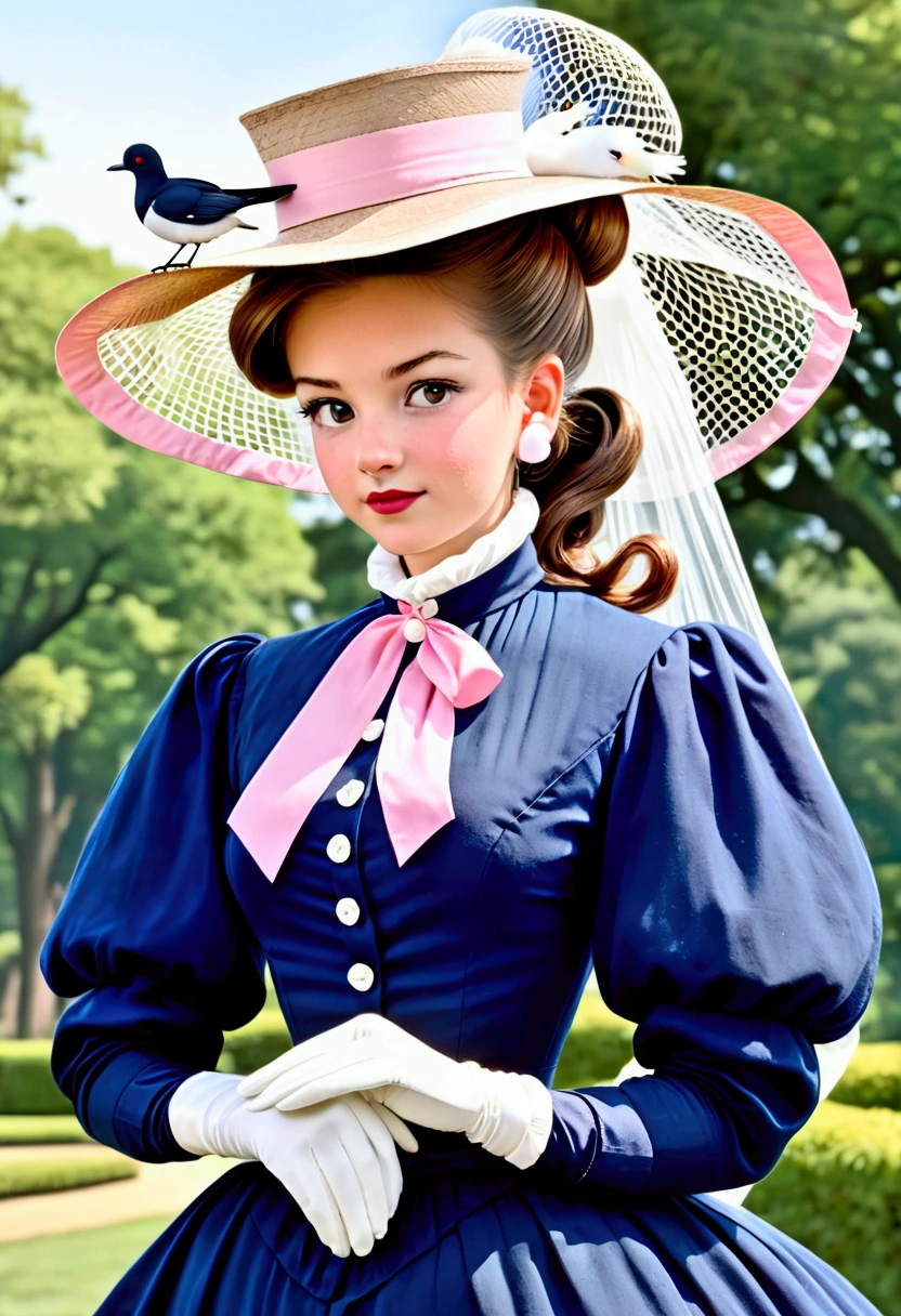 Year 1898. Humanized Minnie Mouse as a pretty, flirty girl. 1890s fashion. Victorian high-collar navy blue dress with (((long puff sleeves cuffed into wrist-high white silk gloves. )))Powder blue sash cinched around her waist. Navy blue ankle skirt. (((Pink straw boater hat with a stuffed white bird held on top and a veil in the front))). Long brunette hair (((tied into a bun enclosed in a net))). Wasp waist. (((Bubble butt sticking out))). Petticoats. Thigh-high silk stockings. High-waisted open bloomers. (((White high-heel button boots:1.2))). 1890s fashion. Victorian park setting