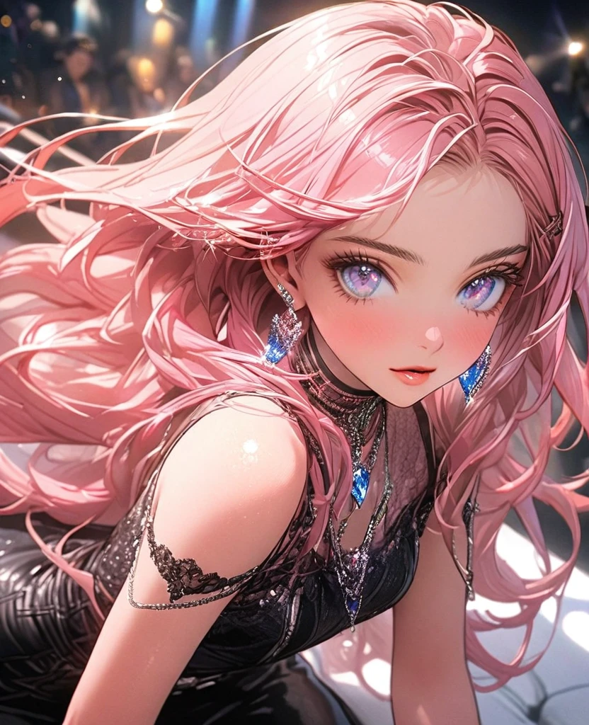 8k,gal，an extremely delicate and beautiful,Beautiful and realistic skin,Shiny jewel-like earrings,Shine like glitter long pink hair,beautiful eyes,jeans,Fashion Model,whole body