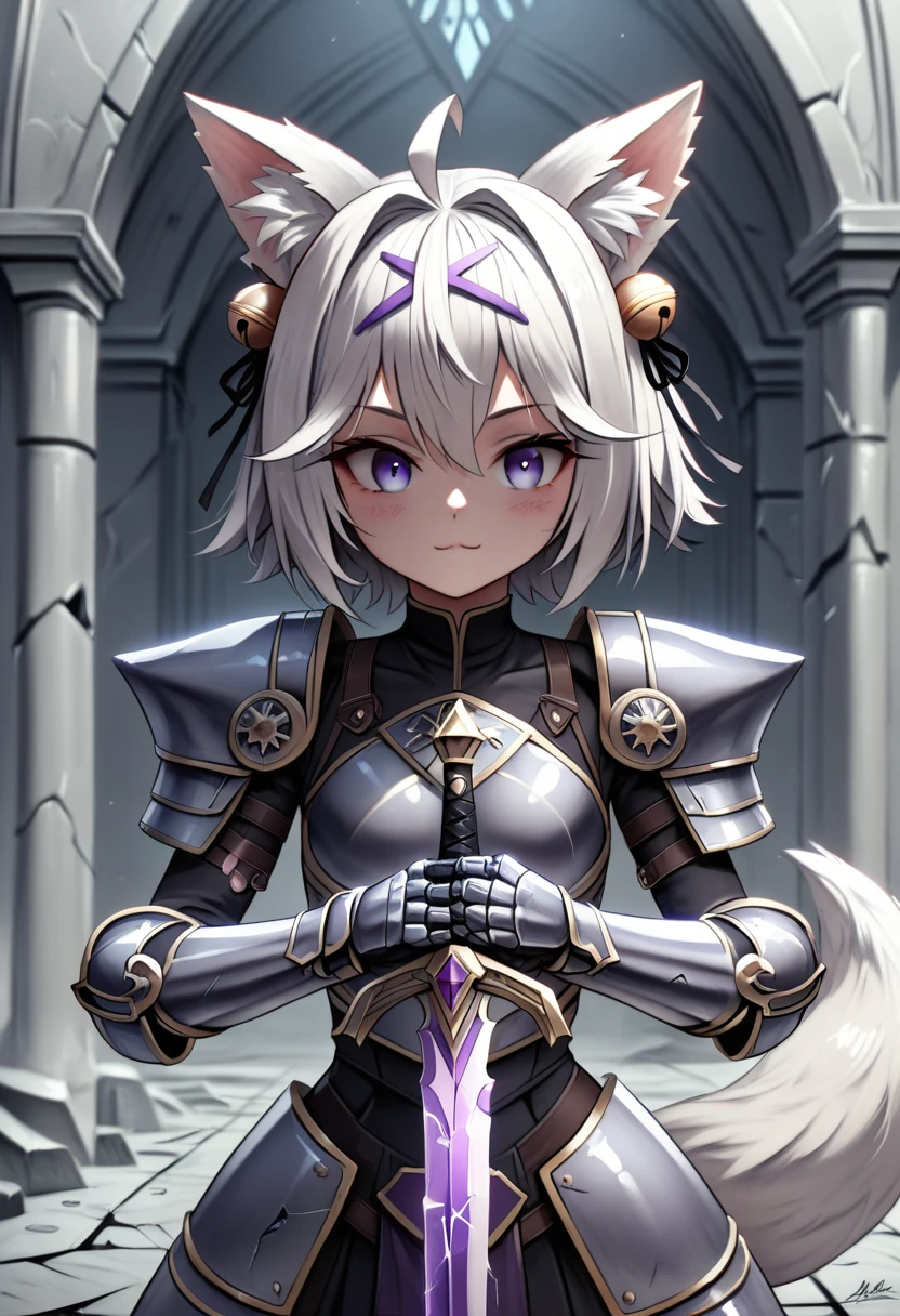 UHD, masterpiece, best quality, extremely detailed, (anatomically correct), sharp focus, midnight, gloomy atmosphere, frontal light, soft light, diffused light, shade, no shadow, ((battlefield)), abandoned castle, broken castle, broken walls, broken floors, broken windows, broke glass, 1girl, solo, Filian, fox tail, small cat ears, white hair, short hair, ahoge, hairclip, hair ornament, hair bell, big eyes, deep violet eyes, blush, closed mouth, slight smile, white knights armor, metal breastplate, metal gauntlet, armored skirt, slim arms, hands wielding purple crystal sword, Eye-Level Shot, front view, upper body pose,