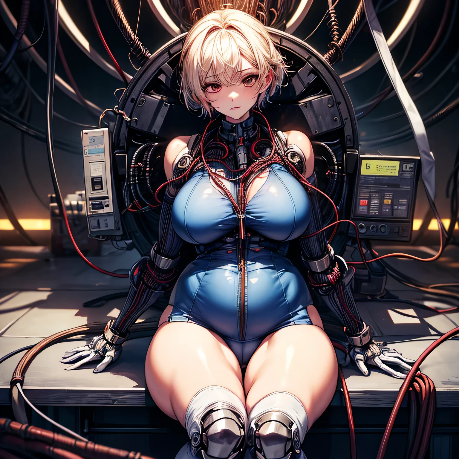 (((masterpiece))), (((Highest quality))), ((Very detailedな)), (Detailed CG illustrations), ((Very delicate and beautiful)),Cinematic Light,((One mechanical woman)), alone,mature,(Big and ample breasts),(Plump), (((The crotch is open))),((Thighs)),((Sitting)),whole body, (Machine made joints:1.4),((Mechanically cut muscle blood vessels connected to tubes),((Mechanical cervical spine attached to the neck)),(Wires and cables connected to the head and torso:1.5),short hair,(Character Focus),sf, ,((Very detailed,colorful)),Best details