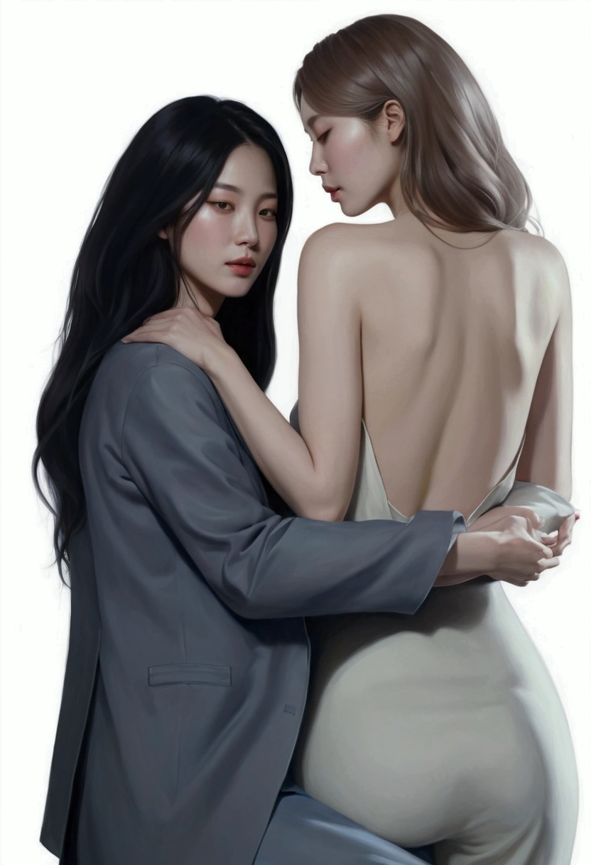 painting of two women hugging each other in a pose, Lesbian Art, โดย Jeong Seon, In the art form of the pond, two women, Spectacular painting, A woman holds another woman., By Li Song, two women, Lesbian embrace, Inspiration from Kim Deuksin, By Nil Gleyen, Style in digital painting, By Yang J