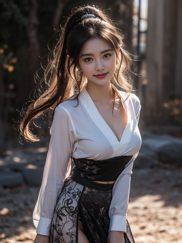 1 beautiful girl in Hanfu costume, ((thin black and white silk shirt with many patterns)), white lace shirt, long platinum purple ponytail. Hair, Jewelry, earrings, thin black silk scarf, carefully drawn big purple eyes, careful makeup, thin eyebrows, high nose, beautiful red lips, cheerful smile, pursed lips, rosy cheeks, wide chest, big chest, shapely chest, slim waist, shapely buttocks, purple mesh stockings, Chinese hanfu style, fictional art texture, many bright and realistic colors, RAW Photos, Realistic Photos , ultra high quality 8k surreal photo, (effective fantasy lighting effect: 1.8), 10 x pixels, magic effect (Background): 1.8), super detailed eyes, full body portrait of girl, vineyard, dynamic, pose