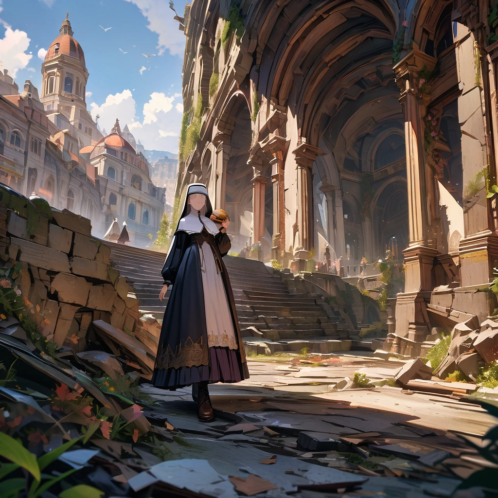 Nun walking through ruins while eating hamburger, detailed background, detailed depiction, 4K, UHD, absurd, ultra high quality, masterpiece, distant view