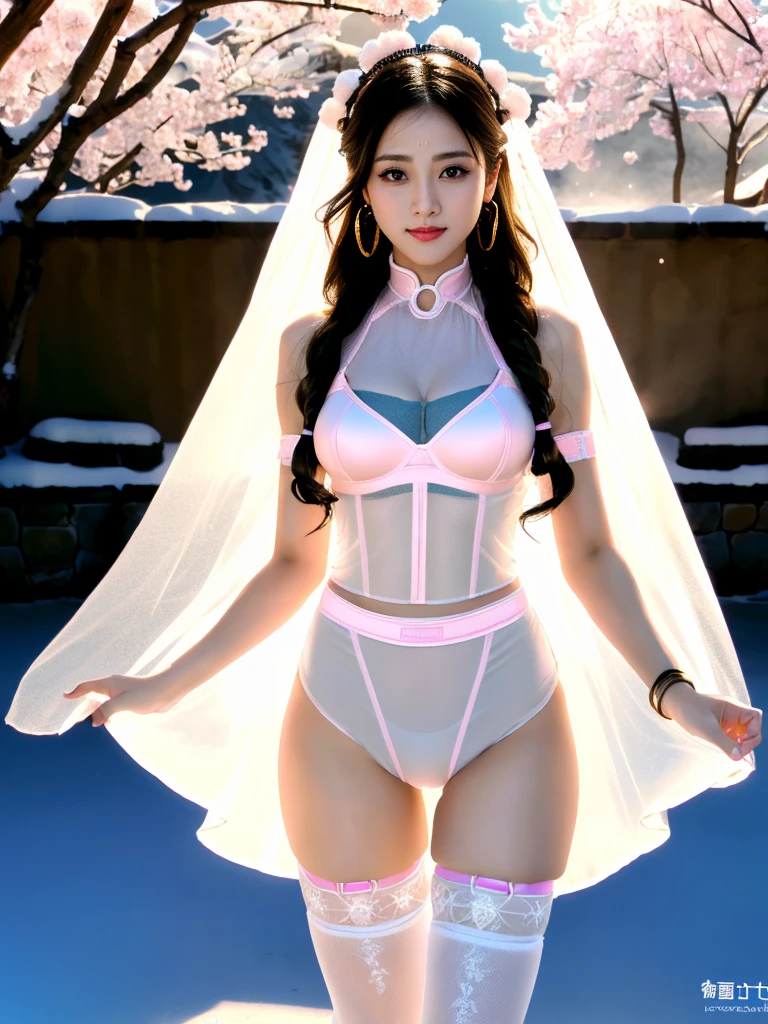 A female model, (Race:Chinese),((night),(Snowy mountain hot spring, moonlight)), (8K Ultra HD, 8K, Ultra-high resolution, best quality, masterpiece, Surrealism, Digital SLR Camera, Soft Light, Bokeh), ((((Beautiful model-like face))), (Creating the image of a real girl), warm light, Realistic shadows, Dynamic poses, Elegant Posture, Cowboy lens, Full body front view, Be confident, Body facing the camera, Standing facing the camera, Open your legs slightly, Golden Ratio Graphics, Minimalism), (Happy smile, Big watery eyes, Cherry Blossom, Balanced Eyes, Perfect beautiful face, Normal facial features, Realistic skin, Attention to skin details, Sports body, cosmetic, earrings, bracelet, necklace, Jewelry, veil, Hair accessories, Headdress), ((beautiful hair), black hair, Wavy curly hairstyle, Waist-length hair, Messy Hairstyle, Gradient hairstyles, Cyberpunk hairstyle), ((Transparent clothes：1.5), (The color of the clothes: Peach), Transparent Clothes, See-through clothes, Transparent Clothes, Tulle clothes, Mesh clothes, Transparent shirt, No pants, No skirt, Three-point underwear), (Sexy的, Perfect breast shape, Teardrop chest shape, Snow-white breasts, very detailed breasts, 34E cup), (Super high waist, Deep V, Low-cut, Sexy, Flattering, , (Camel toe, High fork strangulation)), (sock, Knee socks, 吊garter, Leg ring, garter, 腿部garter), (pattern:stripe)