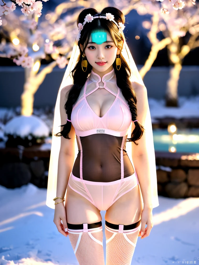 A female model, (Race:Chinese),((night),(Snowy mountain hot spring, moonlight)), (8K Ultra HD, 8K, Ultra-high resolution, best quality, masterpiece, Surrealism, Digital SLR Camera, Soft Light, Bokeh), ((((Beautiful model-like face))), (Creating the image of a real girl), warm light, Realistic shadows, Dynamic poses, Elegant Posture, Cowboy lens, Full body front view, Be confident, Body facing the camera, Standing facing the camera, Open your legs slightly, Golden Ratio Graphics, Minimalism), (Happy smile, Big watery eyes, Cherry Blossom, Balanced Eyes, Perfect beautiful face, Normal facial features, Realistic skin, Attention to skin details, Sports body, cosmetic, earrings, bracelet, necklace, Jewelry, veil, Hair accessories, Headdress), ((beautiful hair), black hair, Wavy curly hairstyle, Waist-length hair, Messy Hairstyle, Gradient hairstyles, Cyberpunk hairstyle), ((Transparent clothes：1.5), (The color of the clothes: Peach), Transparent Clothes, See-through clothes, Transparent Clothes, Tulle clothes, Mesh clothes, Transparent shirt, No pants, No skirt, Three-point underwear), (Sexy的, Perfect breast shape, Teardrop chest shape, Snow-white breasts, very detailed breasts, 34E cup), (Super high waist, Deep V, Low-cut, Sexy, Flattering, , (Camel toe, High fork strangulation)), (sock, Knee socks, 吊garter, Leg ring, garter, 腿部garter), (pattern:stripe)