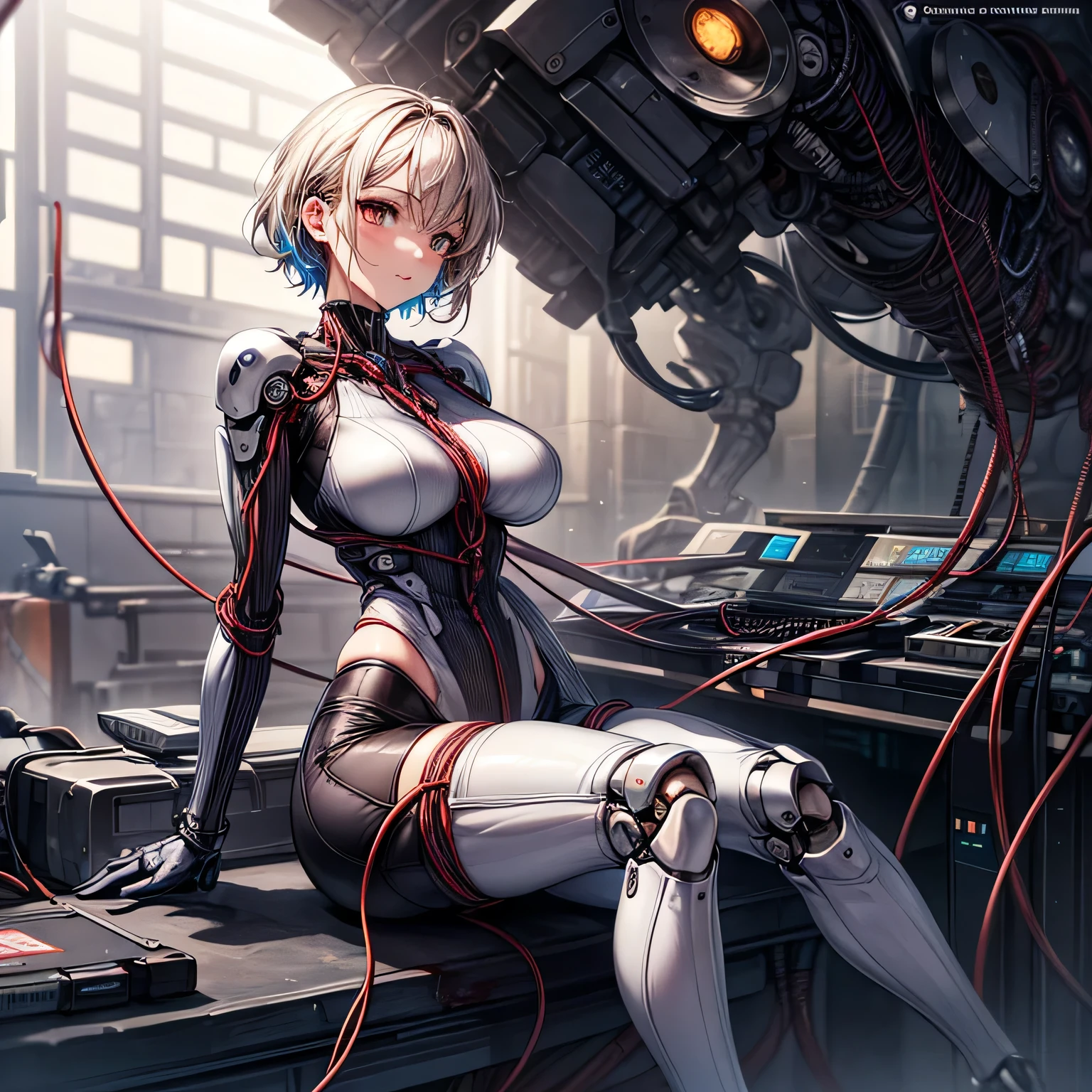 (((masterpiece))), (((Highest quality))), ((Very detailedな)), (Detailed CG illustrations), ((Very delicate and beautiful)),Cinematic Light,((One mechanical woman)), alone,mature,(Big and ample breasts),(Plump), (((The crotch is open))),((Thighs)),((Sitting)),whole body, (Machine made joints:1.4),((Mechanically cut muscle blood vessels connected to tubes),((Mechanical cervical spine attached to the neck)),(Wires and cables connected to the head and torso:1.5),short hair,(Character Focus),sf, ,((Very detailed,colorful)),Best details