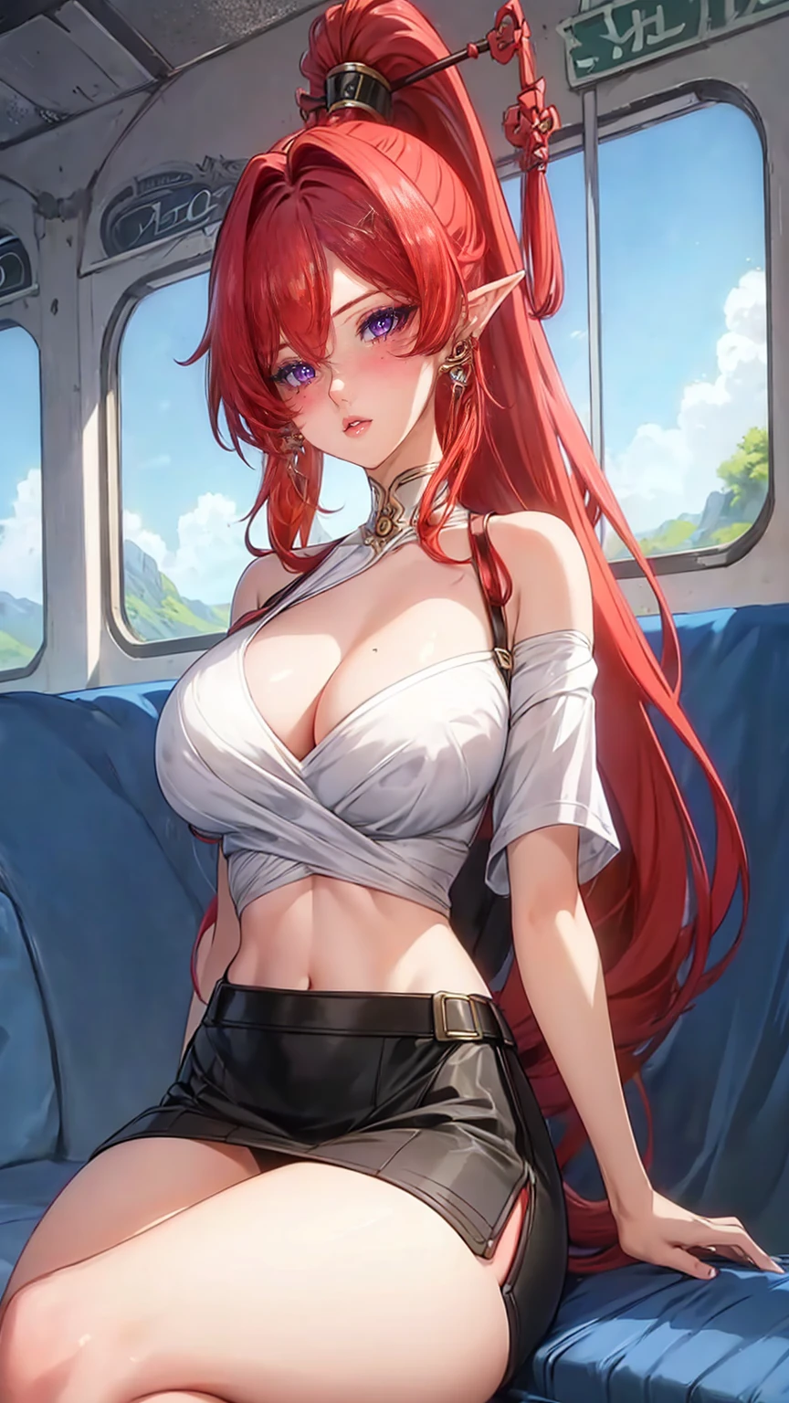 16K, Ultra High Definition, Super detailed, Shiny detailed hair, detailed face, fantasy landscape, solo, looking at viewer, {{best quality}}, {{masterpiece}}, {{ultra-detailed}}, {detailed light}, ultra high quality eyes, detailed eyes, perfect eyes, large eyes, detailed purple eyes, beautiful lips, blushing, red hair, long hair, long horse tail, hair ornament, elf ears, earrings, beautiful, skinny body, white skin, slutty, erotic, suggestive, ((nsfw))