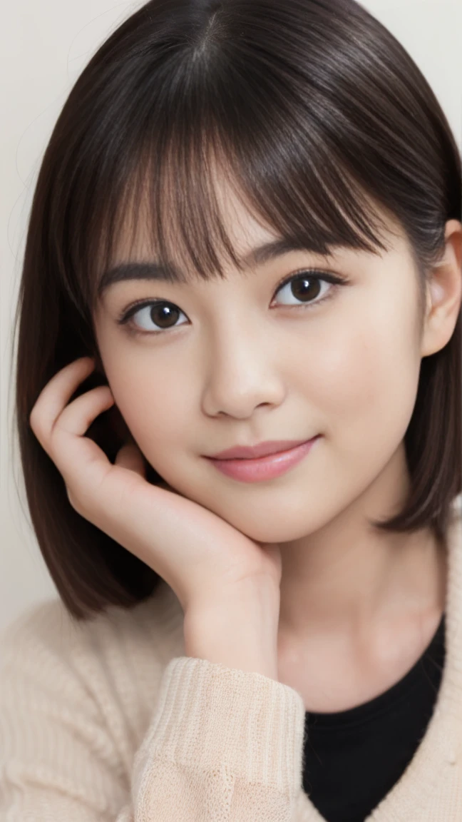 (masterpiece)、(Highest quality:1.5)、(Photorealistic:1.2)、(Surreal), (High resolution), (Realistic), (Post-processing),(Sharp focus), Sharp focus:1.2,Backlight, (Improvement of quality:1.4), (Narrow waist)、((Perfectly detailed five-fingered hands)),(Anatomically correct body)、((1 female:1.4))、Japanese、Realistic Skin、(Small chest:1.4)、Bust size is A cup、A pretty woman with a slender figure:1.4,(from the front:1.5), (Enhances the beauty of skin texture:1.1),No makeup、美しいBlack Hair、smile、Natural color lip、(Small Mouth:1.4)、The mouth is not open、Thick lips、(Oval Face)、Even bangs、Hide eyebrows with bangs、((33-year-old woman))、Bob Hair、Hair blowing in the wind, (Black Hair, Iris, Watery eyes, Shining Eyes, Bob cut hair,), Hair behind the ear、No makeup、(Drooping eyes)、(((One lovely woman)),((優しい大きなsmile)),(( Small breasts,Small breastsの谷間)),((((Plump Cheeks)))),very cute,(Baby Face),Raccoon face,
