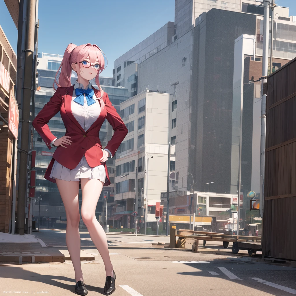 masterpiece, best quality, High resolution, 1 girl, alone, long hair, Pink hair, Low double ponytail, blue eyes, Glasses, Large Breasts, , blue bow tie, suit, red jacket, Long sleeve, White Skirt, Hands on Hips, building, Permanent, Cowboy shooting,Beautiful legs full body photo
