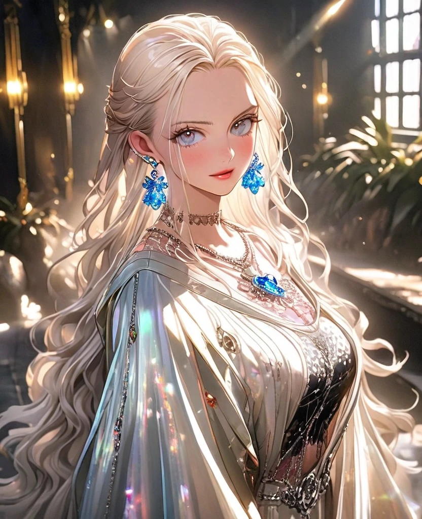 8k,gal,an extremely delicate and beautiful,Beautiful and realistic skin,Shiny jewel-like earrings,Shine like glitter long white hair,beautiful eyes,one piece,Fashion Model,whole body