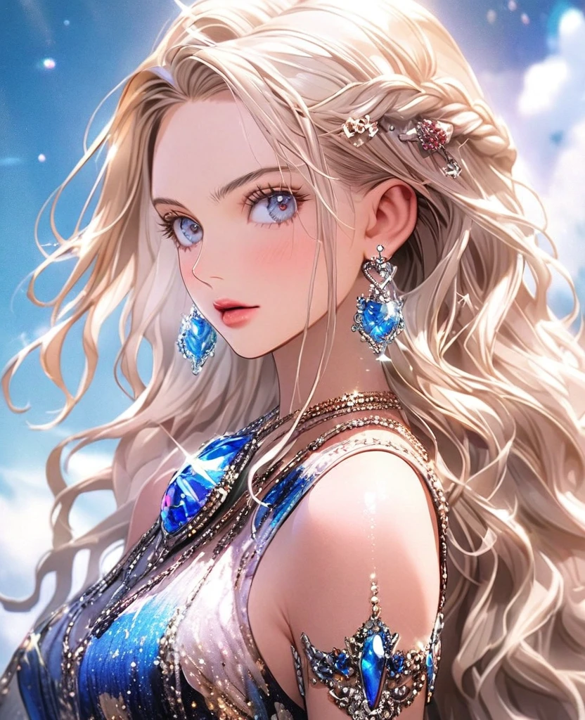 8k,gal,an extremely delicate and beautiful,Beautiful and realistic skin,Shiny jewel-like earrings,Shine like glitter long white hair,beautiful eyes,one piece,Fashion Model,whole body