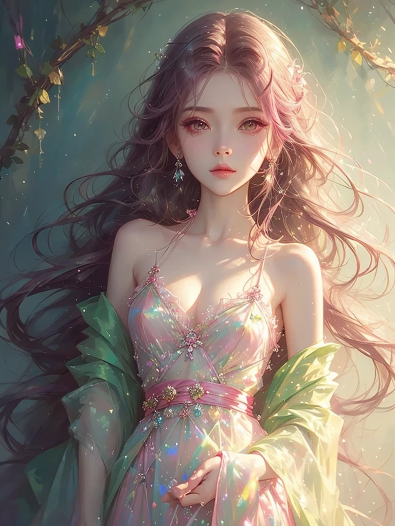 High quality, high resolution, beautiful girl with long hair, pink hair and pink eyes, princess, pink dress, pink transparent shawl for the girl, Korean glitter eye makeup, very delicate makeup, shiny hair, fantastic, fantasy art