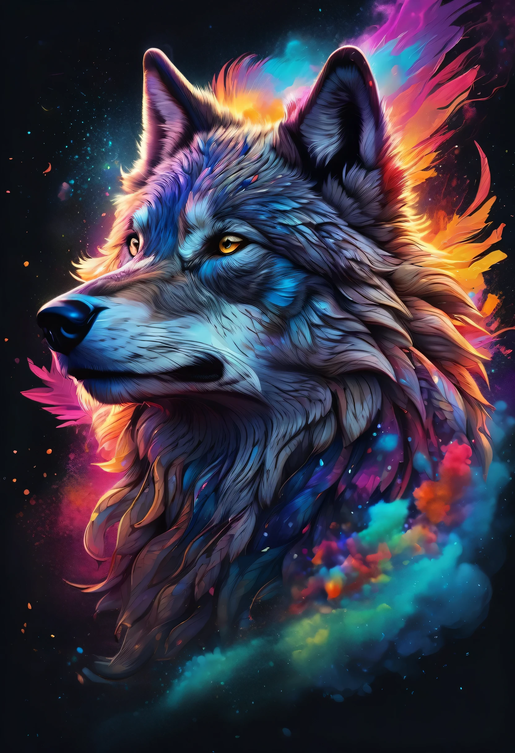 a highly detailed and photorealistic 8k digital portrait illustration of a majestic wolf silhouette emerging from a vibrant, colorful cosmic nebula cloud, set against a dark, moody background, with intricate swirling patterns and volumetric lighting effects, the wolf's head adorned with elaborate feathered headdress, the overall design conveying a sense of innovation, truth and gothic glamour, rendered in a high-resolution, hyper-detailed style reminiscent of the artworks found on Artstation and created with Unreal Engine 5