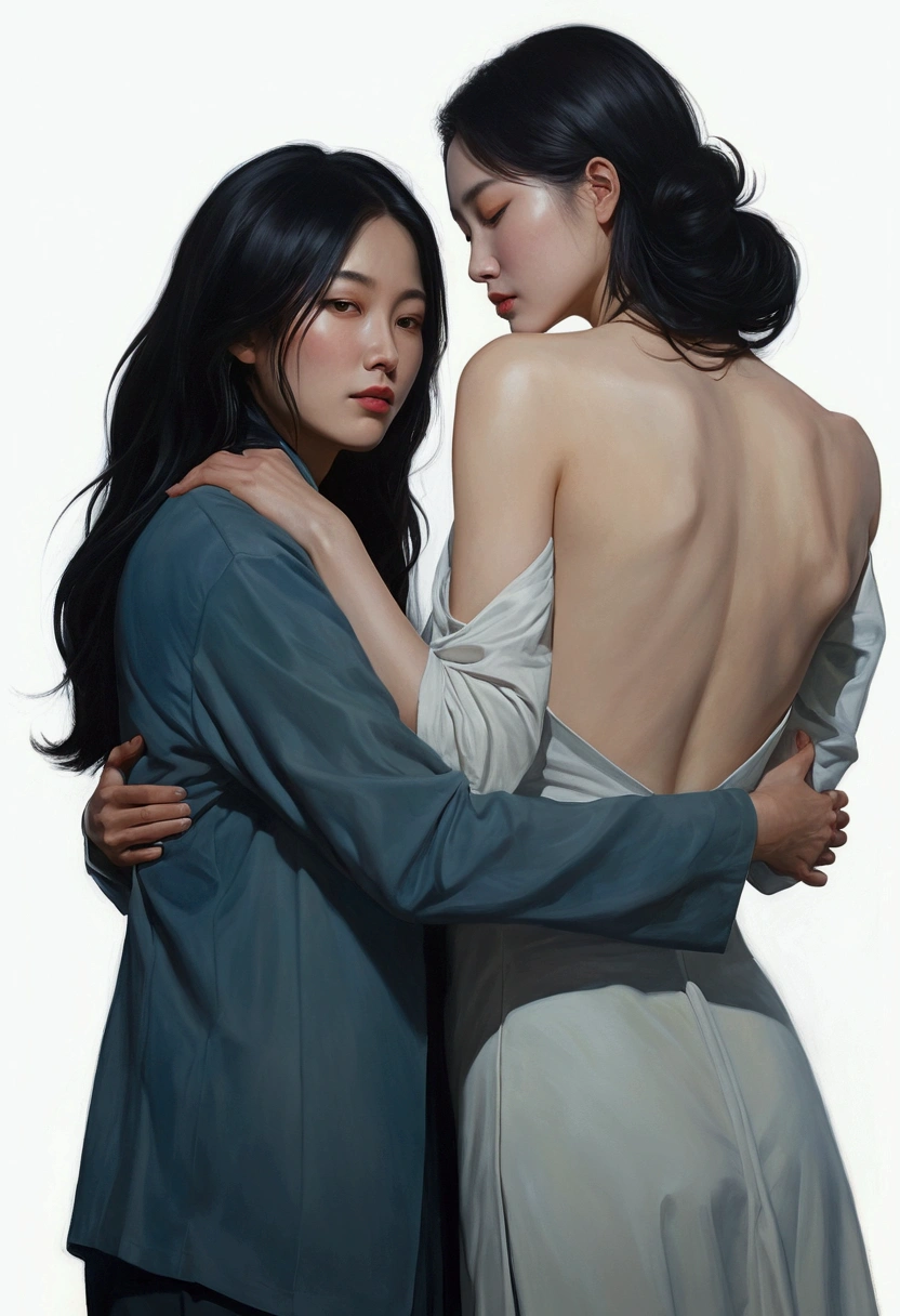 painting of two women hugging each other in a pose, Lesbian Art, โดย Jeong Seon, In the art form of the pond, two women, Spectacular painting, A woman holds another woman., By Li Song, two women, Lesbian embrace, Inspiration from Kim Deuksin, By Nil Gleyen, Style in digital painting, By Yang J