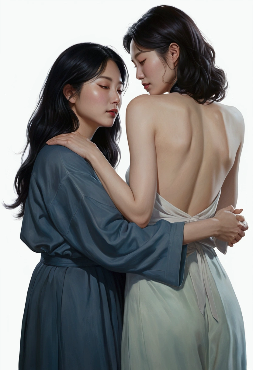 painting of two women hugging each other in a pose, Lesbian Art, โดย Jeong Seon, In the art form of the pond, two women, Spectacular painting, A woman holds another woman., By Li Song, two women, Lesbian embrace, Inspiration from Kim Deuksin, By Nil Gleyen, Style in digital painting, By Yang J
