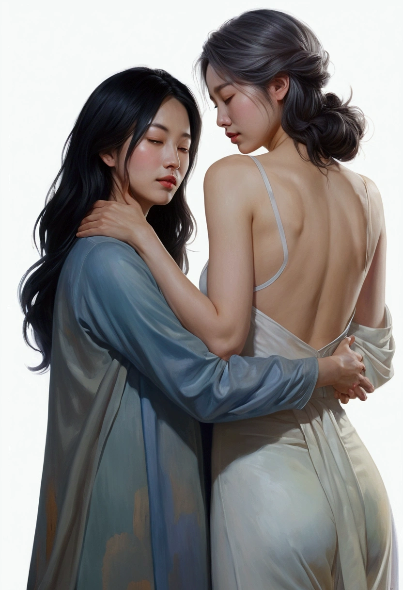 painting of two women hugging each other in a pose, Lesbian Art, โดย Jeong Seon, In the art form of the pond, two women, Spectacular painting, A woman holds another woman., By Li Song, two women, Lesbian embrace, Inspiration from Kim Deuksin, By Nil Gleyen, Style in digital painting, By Yang J