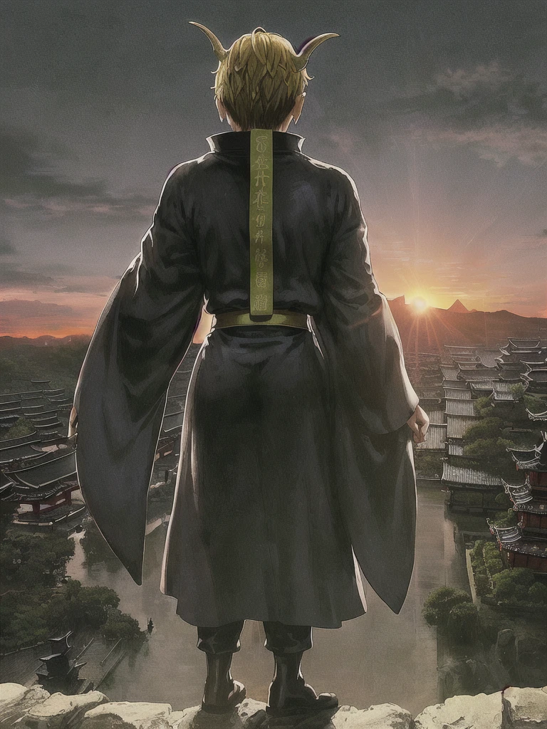 Japanese monk、Small、Round sunglasses、Equip a ritual item、Hero of Justice、One Punch Man、Black costume、Robe、exorcist、exorcist、Japanese Temples、strongest、
alone, (男 anthro dragon:1.3), (Are standing:1.3), (kemono:1.2), (sunset:1.23),(Rear View), landscape, cliff, dawn, horizon, Detailed eyes, (outside:1.35), Japanese Temples, Detailed Background, 8k hd, (Dark Shadows, Wide dynamic range, High resolution, Low Light:1.2),