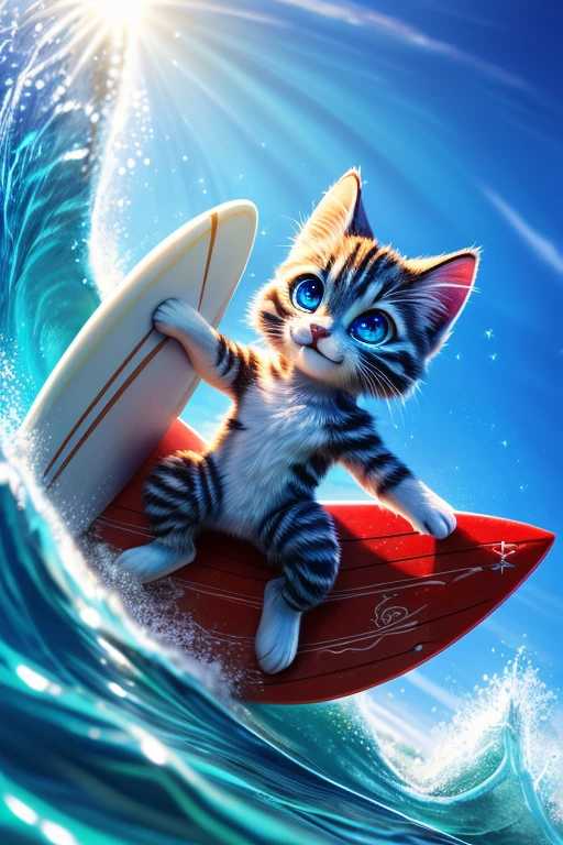 (Highest quality、masterpiece、8k))、Anatomically correct、Very detailed、High resolution、Realistic、((Beautiful, sparkling, detailed eyes))、Intricate details、Cinematic lighting、((Dynamic composition))、kitten、Big head、surfer、surfing、Ride the waves on a sharkboard、Midsummer Sea