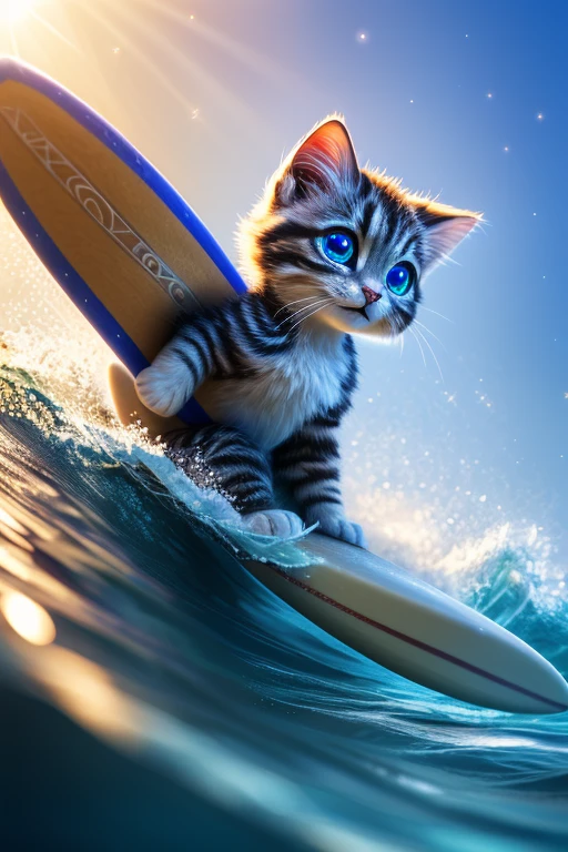 (Highest quality、masterpiece、8k))、Anatomically correct、Very detailed、High resolution、Realistic、((Beautiful, sparkling, detailed eyes))、Intricate details、Cinematic lighting、((Dynamic composition))、kitten、Big head、surfer、surfing、Ride the waves on a sharkboard、Midsummer Sea