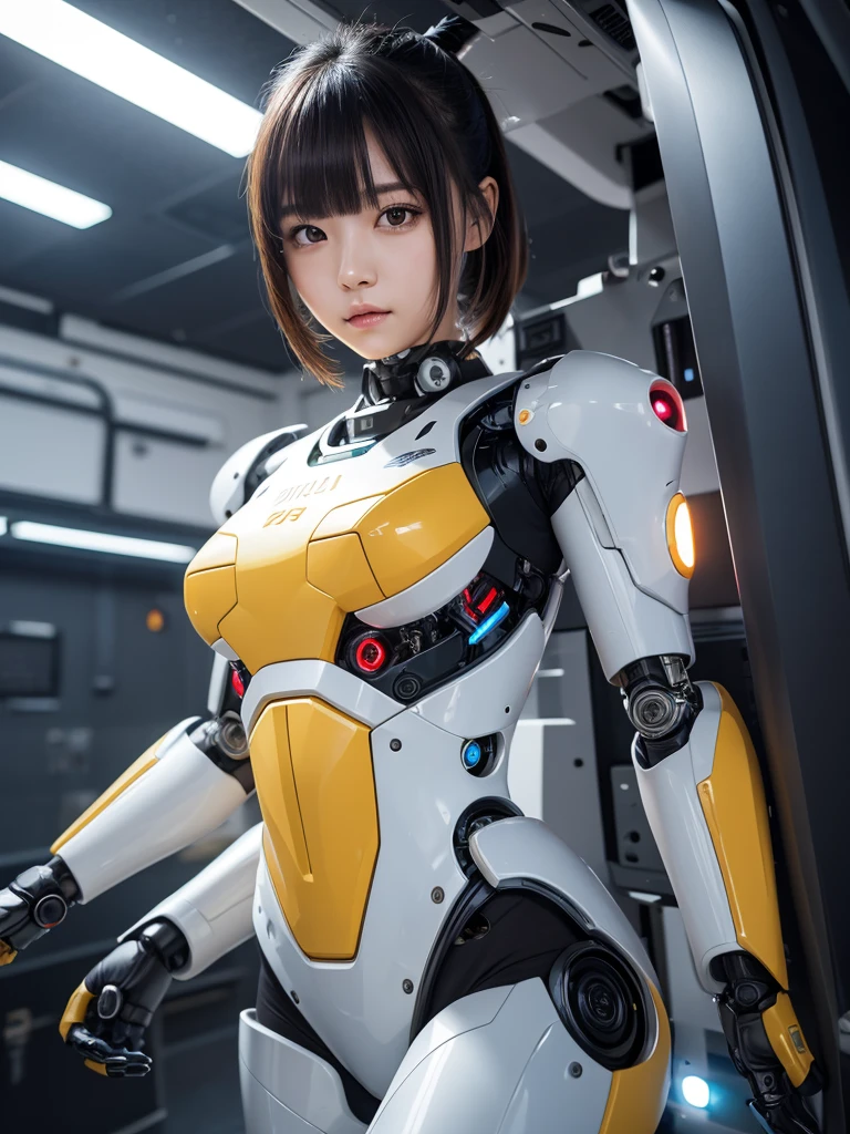 masterpiece, Highest quality, Very detailed, Japaese アンDroid girl,Portraiture,Plump,Thick,Control panel,アンDroid,Droid,Mechanical Hand, robotの腕と脚, Black Hair,Blunt bangs,perfect robot girl,Long tube,A thick cable was attached to her neck.,アンDroid,robot,humanoid,cyborg,japanese cyborg girl ,robot-assembly plant,She is now assembling,Assembly scene,Chubby,Squat