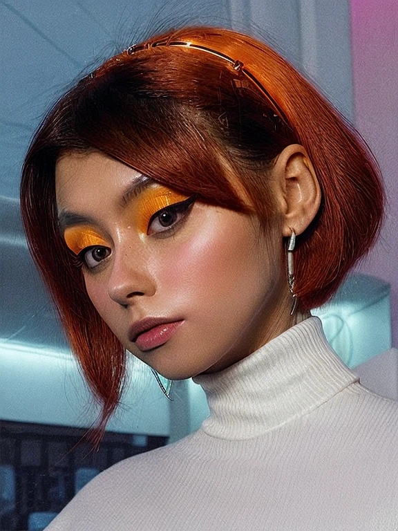 girl, dora, (orange hair:1.1), bob hairstyle, in cyber neon lighting, futurism, intricate futuristic jewelry accessories, cyberpunk glossy white latex turtleneck, hyper photorealistic, crispy quality, digital photography, trending in artstation, trending in pinterest, cinematic, 4 k ultra hd, art by pascal blanche, art by greg rutkowski