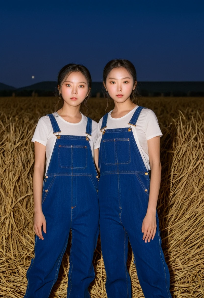 sjang and her identical clone, 2girls, looking at viewer, overalls, setting:farm, countryside, night sky, soft lighting, accurate face details  