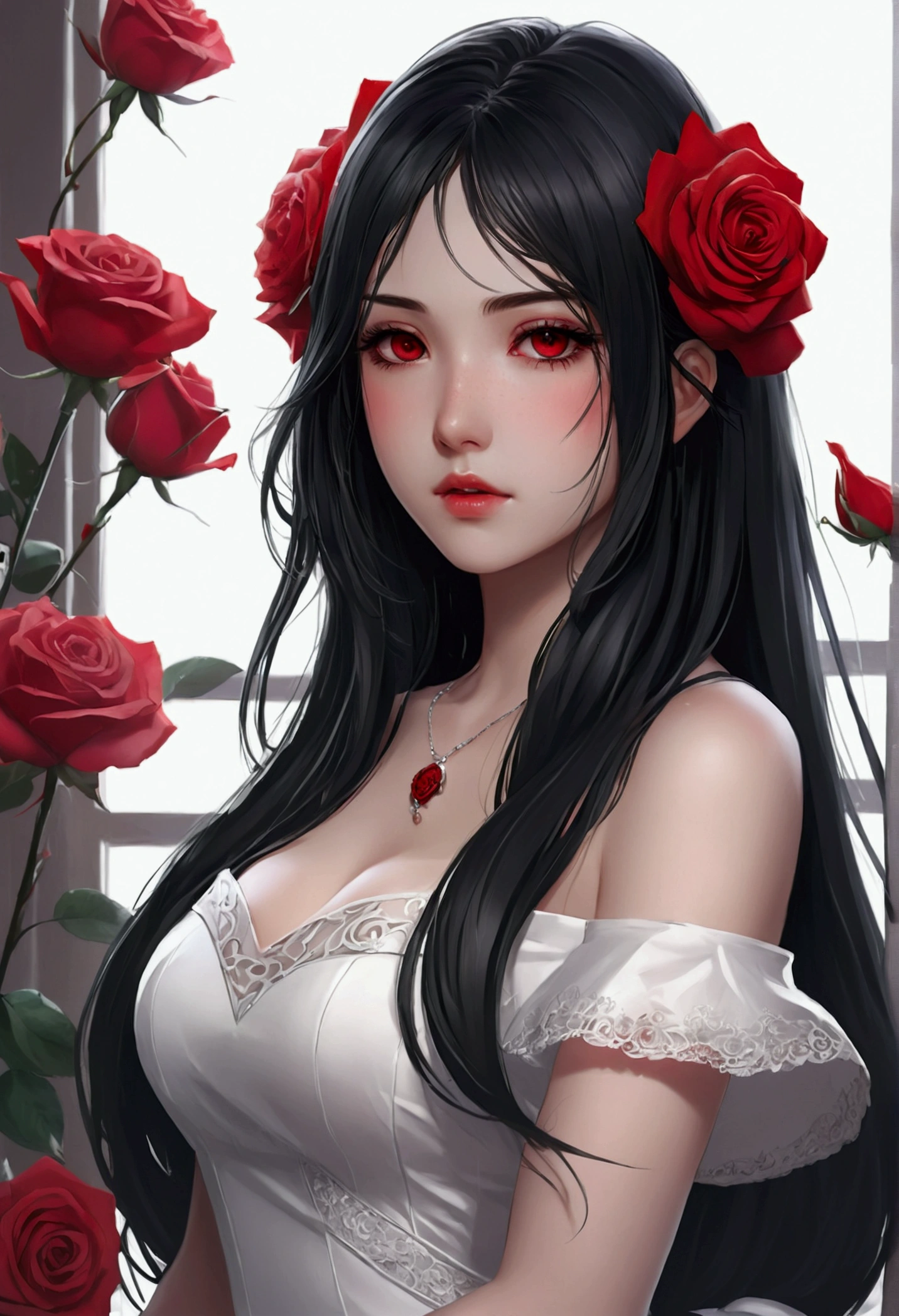 anime girl with long black hair and a white dress with red roses, tattoo, detailed beautiful eyes, guweiz, guweiz on pixiv artstation, shot detailed digital anime art, beautiful anime girl, guweiz on artstation pixiv, anime style 4 k, kawacy, beautiful anime portrait, detailed portrait of anime girl, detailed anime art, beautiful anime woman