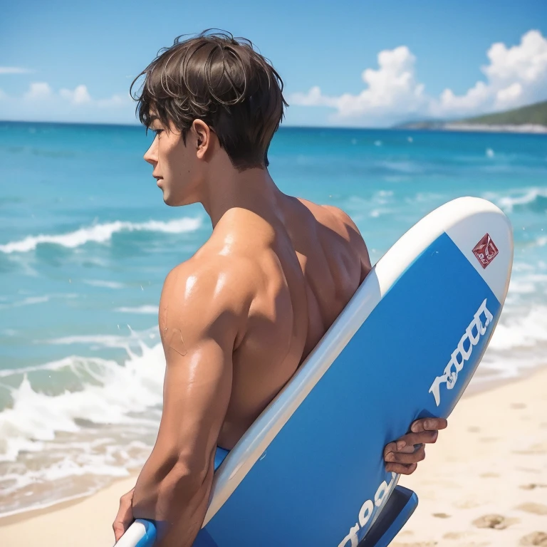 male, alone, (Staring at the sea), Tanned body, Tanned body, male性サーファー, Back view, Beach, Stand on a surfboard, heat haze, mirage, blue sky, Vacation, close-up, masterpiece