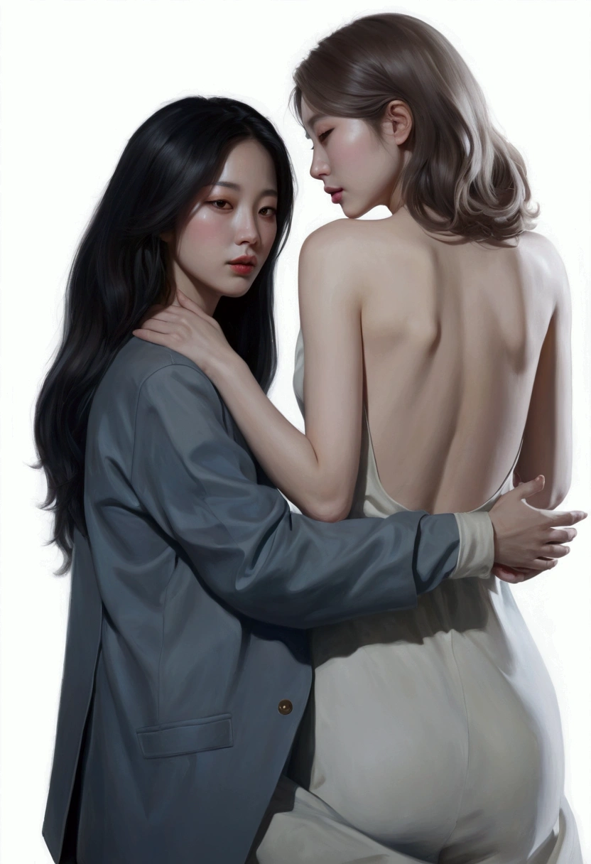 painting of two women hugging each other in a pose, Lesbian Art, โดย Jeong Seon, In the art form of the pond, two women, Spectacular painting, A woman holds another woman., By Li Song, two women, Lesbian embrace, Inspiration from Kim Deuksin, By Nil Gleyen, Style in digital painting, By Yang J