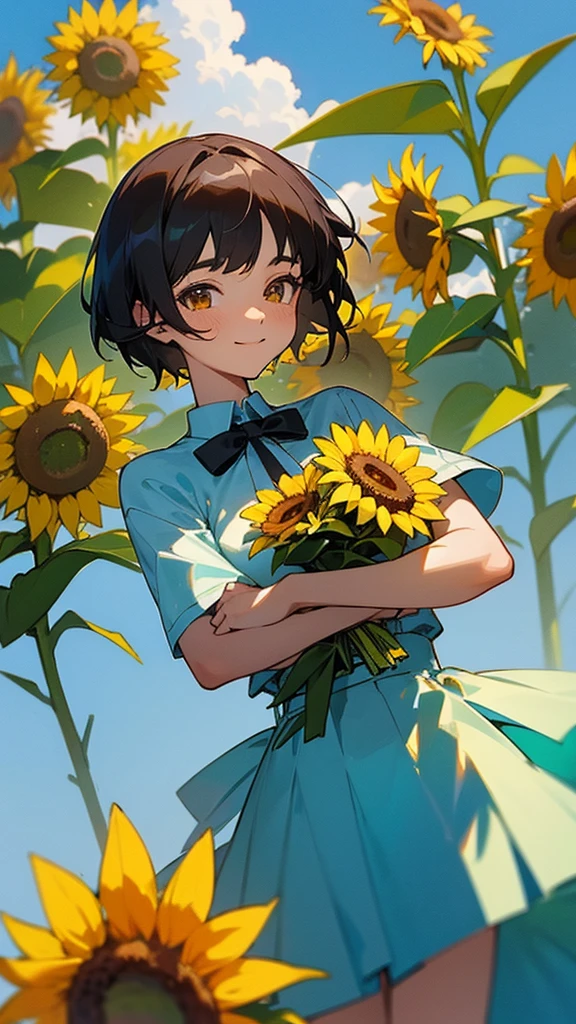 master piece, best quality, for below, cinematic angle, upper body , pigeon toed,
Anime-style Moe illustration, summer vacation theme, 20-year-old 4womans holding a bouquet of sunflowers, short hair, country dress, slightly inner thighs, smile, accurate drawing, Active pose,