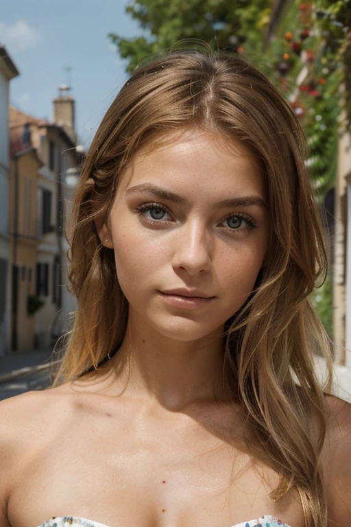 femme fille italienne de 21 ans, ((hyperréalisme)), bronzé, cheveux blonds flottants,  yeux marrons. Elle devrait avoir un naturel, expression accessible. . Capturez cette image avec une photo haute résolution à l&#39;aide d&#39;un objectif 85 mm pour une perspective flatteuse, Vue de face, selfie, prix photo avec iPhone, pull beige élégante, Coupe-bas, selfie dans le salon, haute qualité, selfie iPhone, clivage