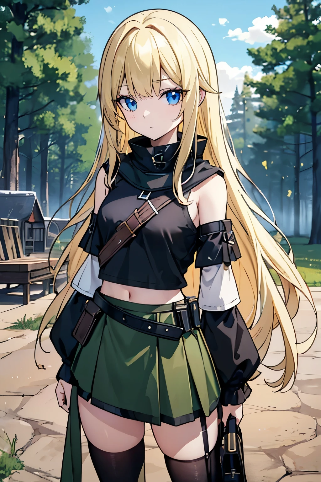 Safe for work, masterpiece, best quality, solo, 1 girl, cute girl, wholesome girl, (young female body:1.4), ( medium small breasts), cowboy shot, shy smile, flustered, yellow golden hair, extra long hair, thick wavy hair, hime cut, blunt bangs, crystal blue eyes, light blue detailed eyes, outside, cabin in the woods, standing, griffin style, dark green skirt, black compression shirt, black top, detached sleeves, black knee high socks, long dark green skirt, belt bag, adventure belt bag, extra extra long hair, griffin style dark green skirt, black crop top, waist bag, cloak, black cloak, wearing a cloak