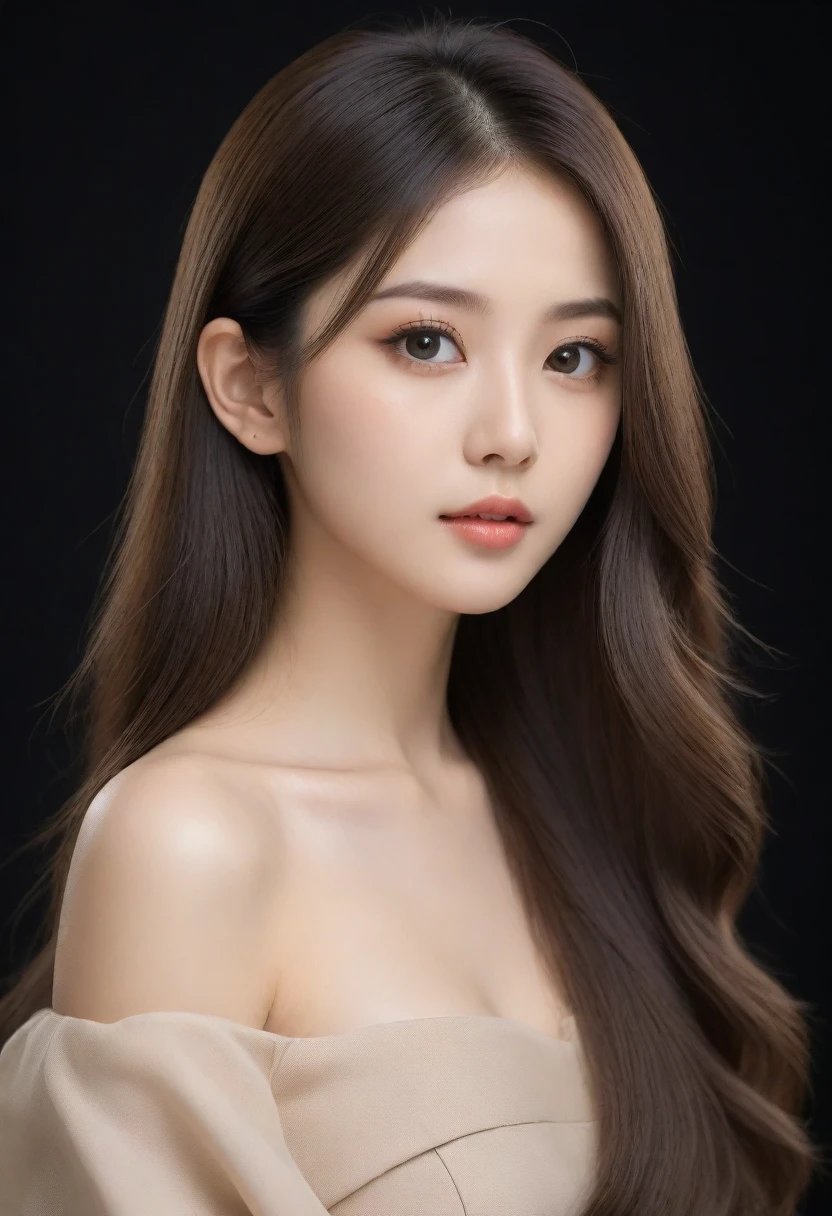 beautiful Japanese woman with long hair and an elegant profile picture is wearing beige . She has fair skin, big eyes, delicate facial features,with a matte photo on a light black background