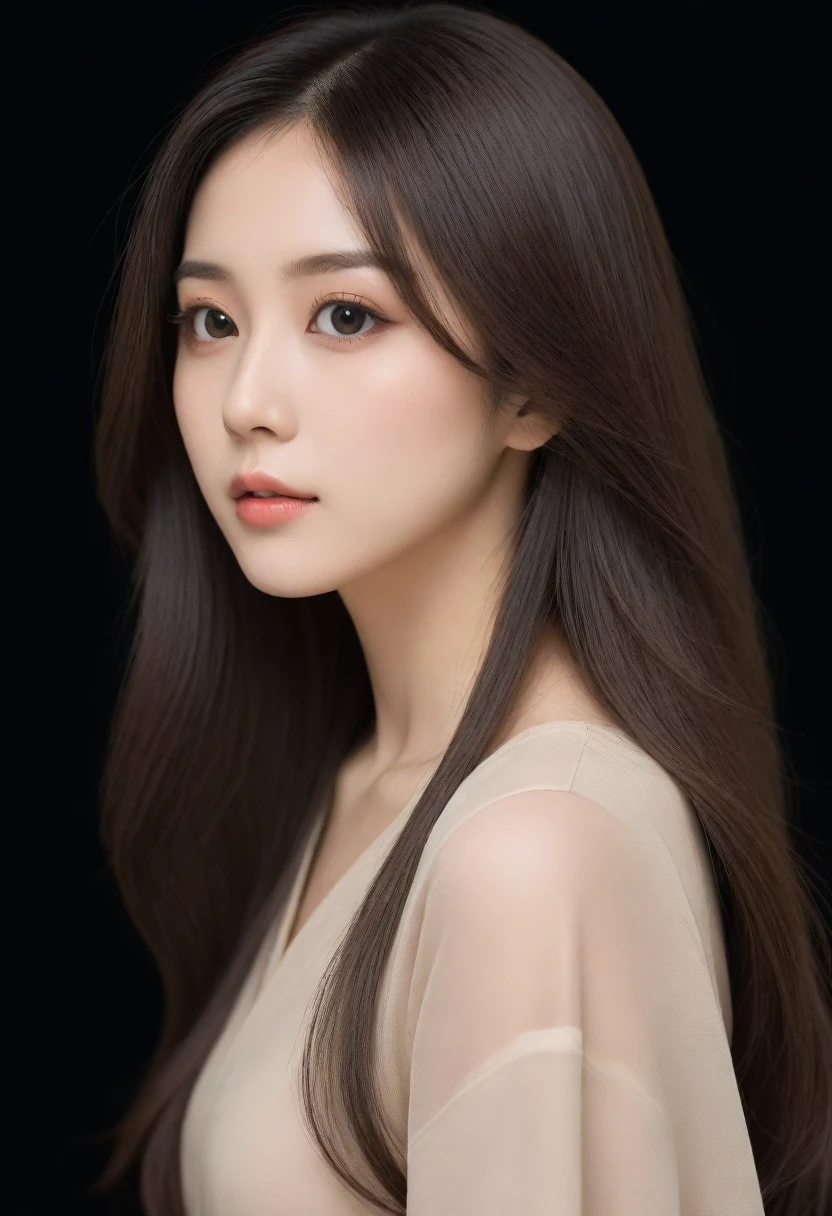beautiful Japanese woman with long hair and an elegant profile picture is wearing beige . She has fair skin, big eyes, delicate facial features,with a matte photo on a light black background