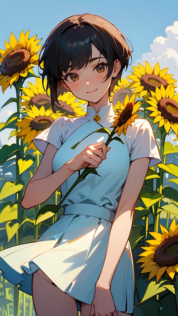  master piece, best quality, for below, cinematic angle, upper body , pigeon toed,  
Anime-style Moe illustration, summer vacation theme, 20-year-old 4womans holding a bouquet of sunflowers, short hair, country dress, slightly inner thighs, smile, accurate drawing, Active pose,