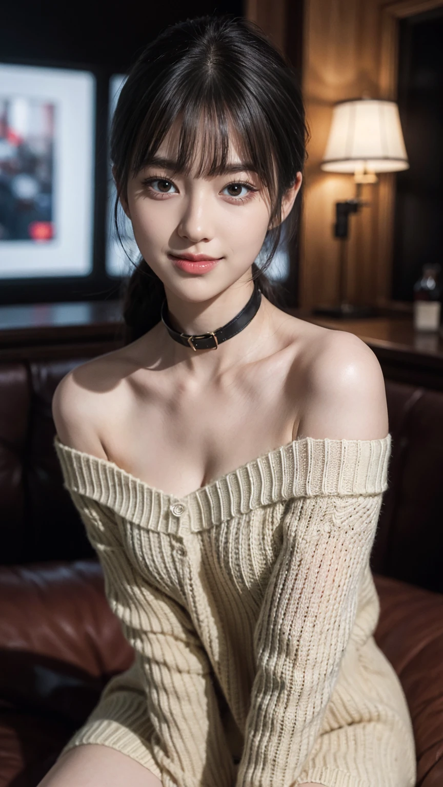 (best quality, masterpiece:1.3), (actual, photo actual:1.3), ultra high resolution, ultra high definition, Extremely detailed CG unified 8k wallpaper, (actual skin, Delicate skin), (perfect anatomy), (official art, Beautiful and beautiful), (subtle_smile:1.5), (korean woman:1.3), alone, depth of field, nightclub,(big breasts:1.1),(cowboy_shot),(off_shoulder_sweater_dress:1.5), (look_at_viewer:1.3), (blunt bangs:1.5), (stockings:1.2), (ponytail:1.3), (cleavage), (collar:1.2)