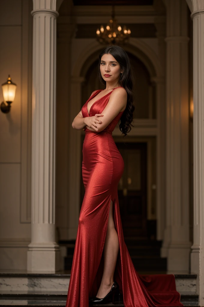 35 year old kesha, perfect figure, standing on grand staircase, flowing red gown, long hair, meticulously detailed, flawless complexion, shiny skin, and soft, defined muscle tone, perfect beauty, bright red lipstick, elegant smile, braided elegant hair, ballroom, ((arms crossed)), facing viewer, elegent, modest outfit